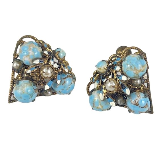 Vintage Czech Brass Turquoise Glass Cabochon Screw Back Earrings 3/4" - Picture 1 of 8